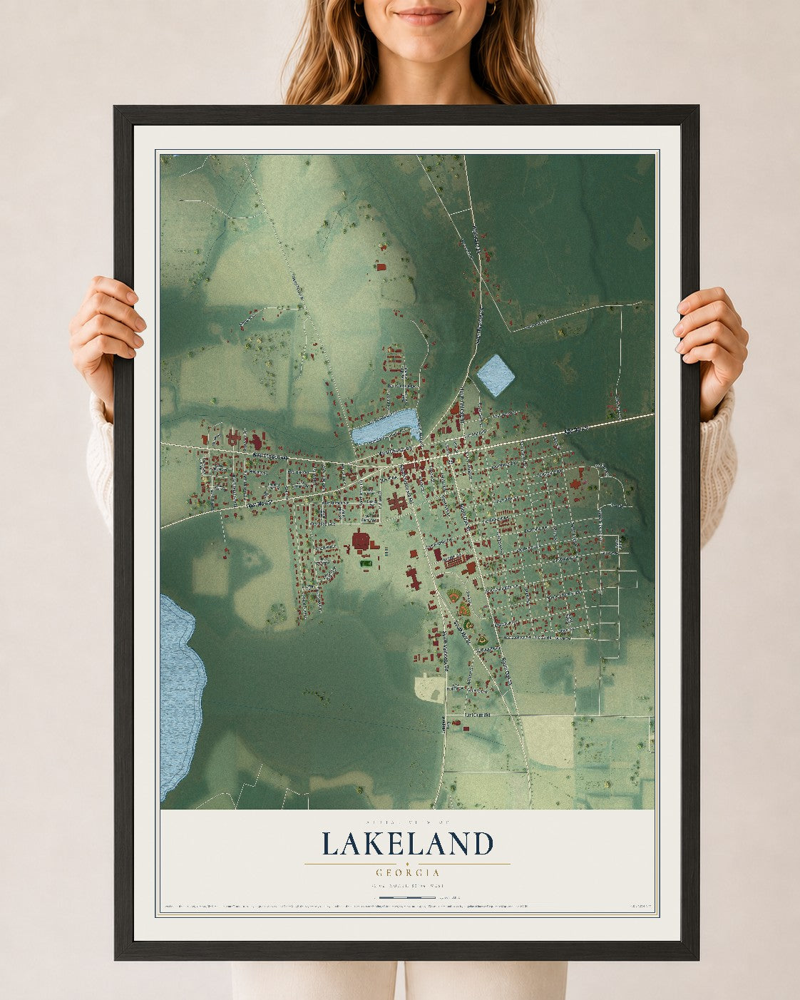Lakeland, Georgia map print, 24" x 36" W/ Black Ayous Wood Frame mockup