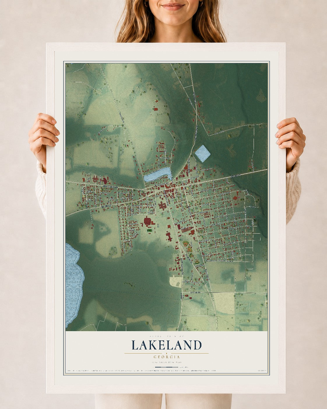 Lakeland, Georgia map print, 24" x 36" W/ White Ayous Wood Frame mockup