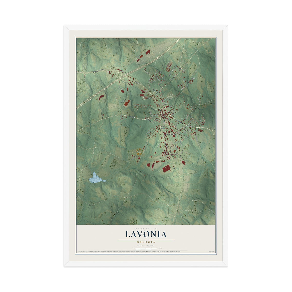 Lavonia, Georgia map print, 12" x 18" W/ White Ayous Wood Frame mockup