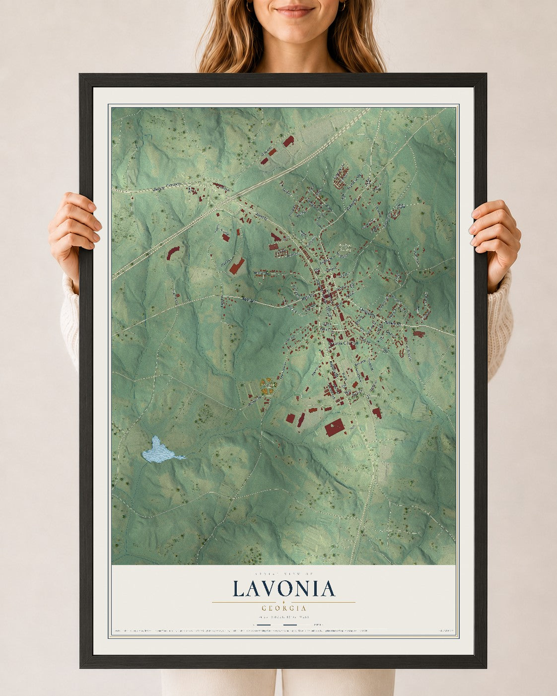 Lavonia, Georgia map print, 24" x 36" W/ Black Ayous Wood Frame mockup