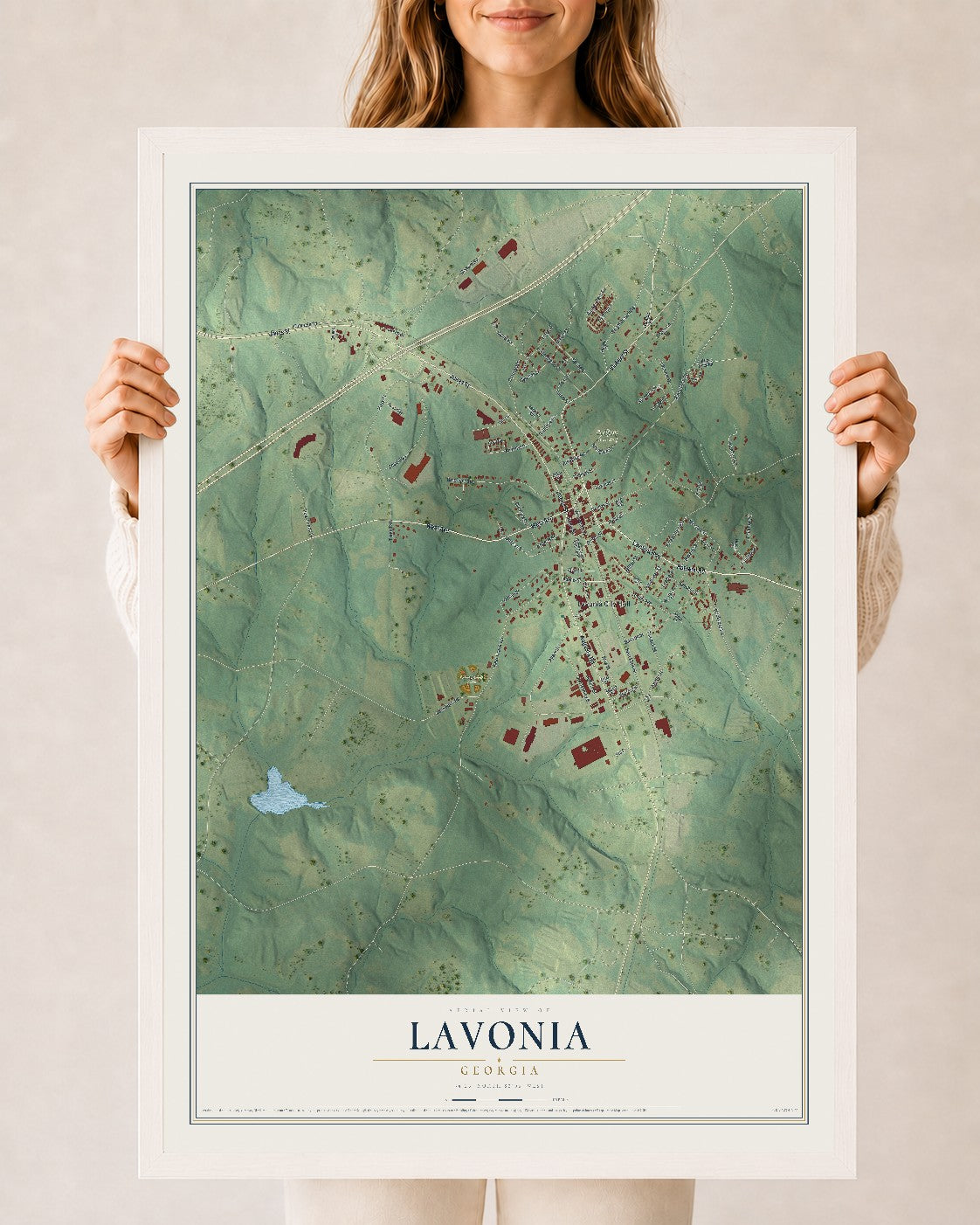 Lavonia, Georgia map print, 24" x 36" W/ White Ayous Wood Frame mockup