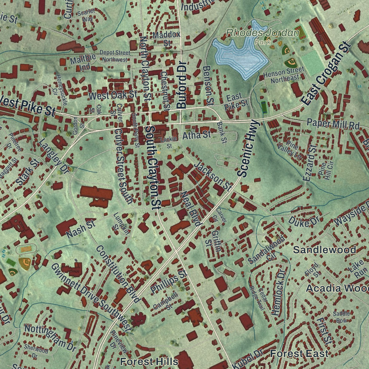 Close-up 1 of the Lawrenceville, Georgia map artwork