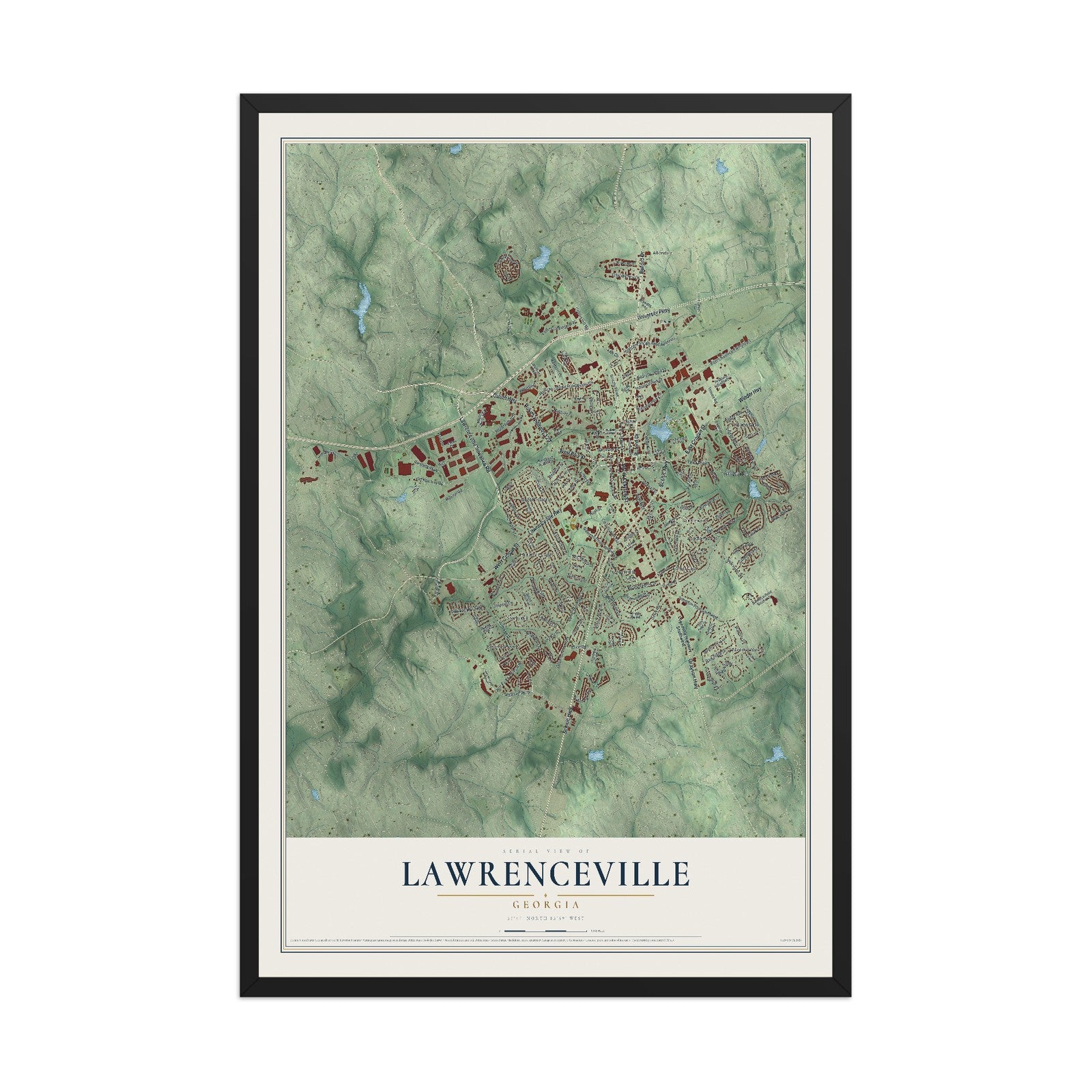 Lawrenceville, Georgia map print, 12" x 18" W/ Black Ayous Wood Frame mockup