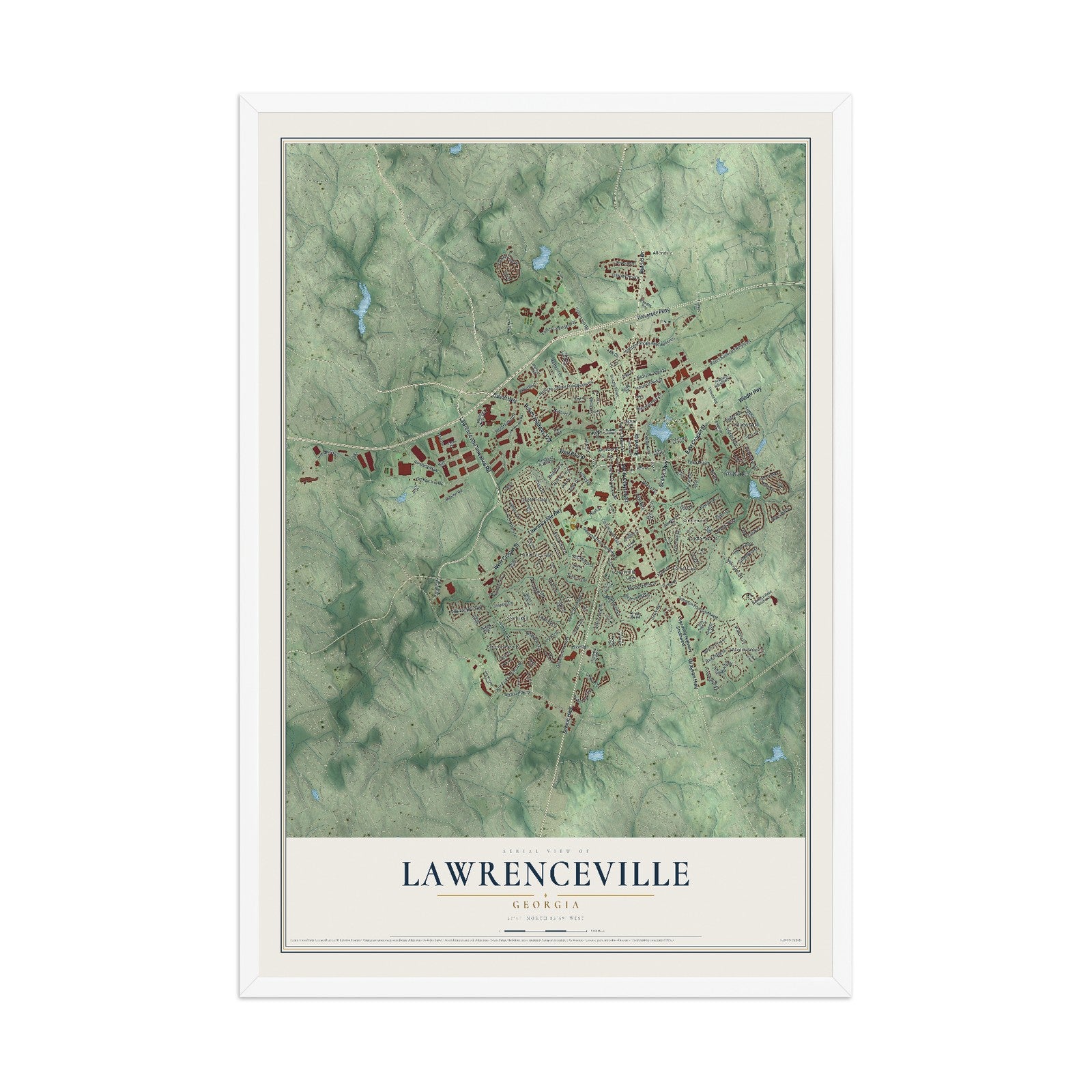 Lawrenceville, Georgia map print, 12" x 18" W/ White Ayous Wood Frame mockup