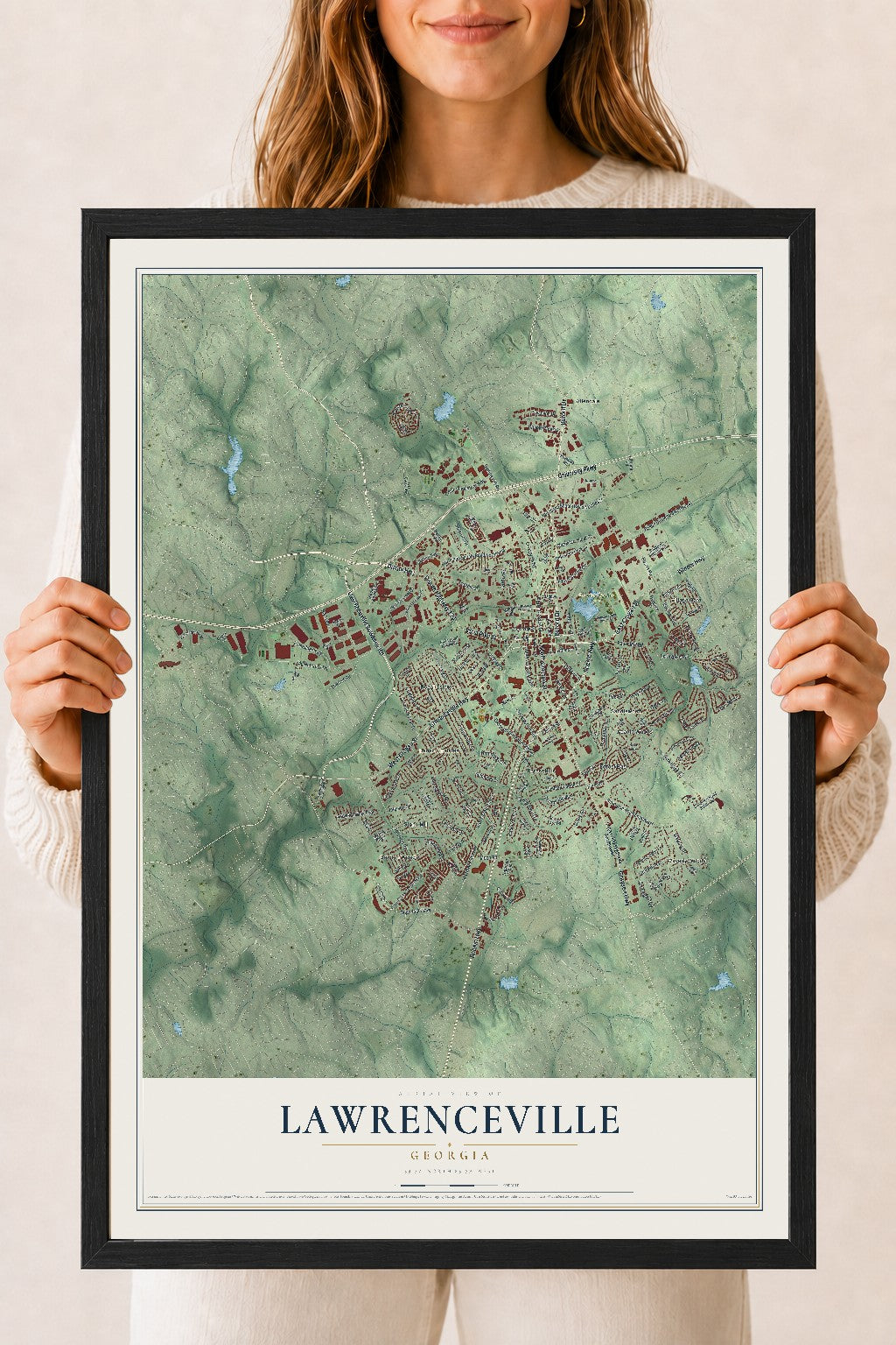 Lawrenceville, Georgia map print, 18" x 24" W/ Black Ayous Wood Frame mockup