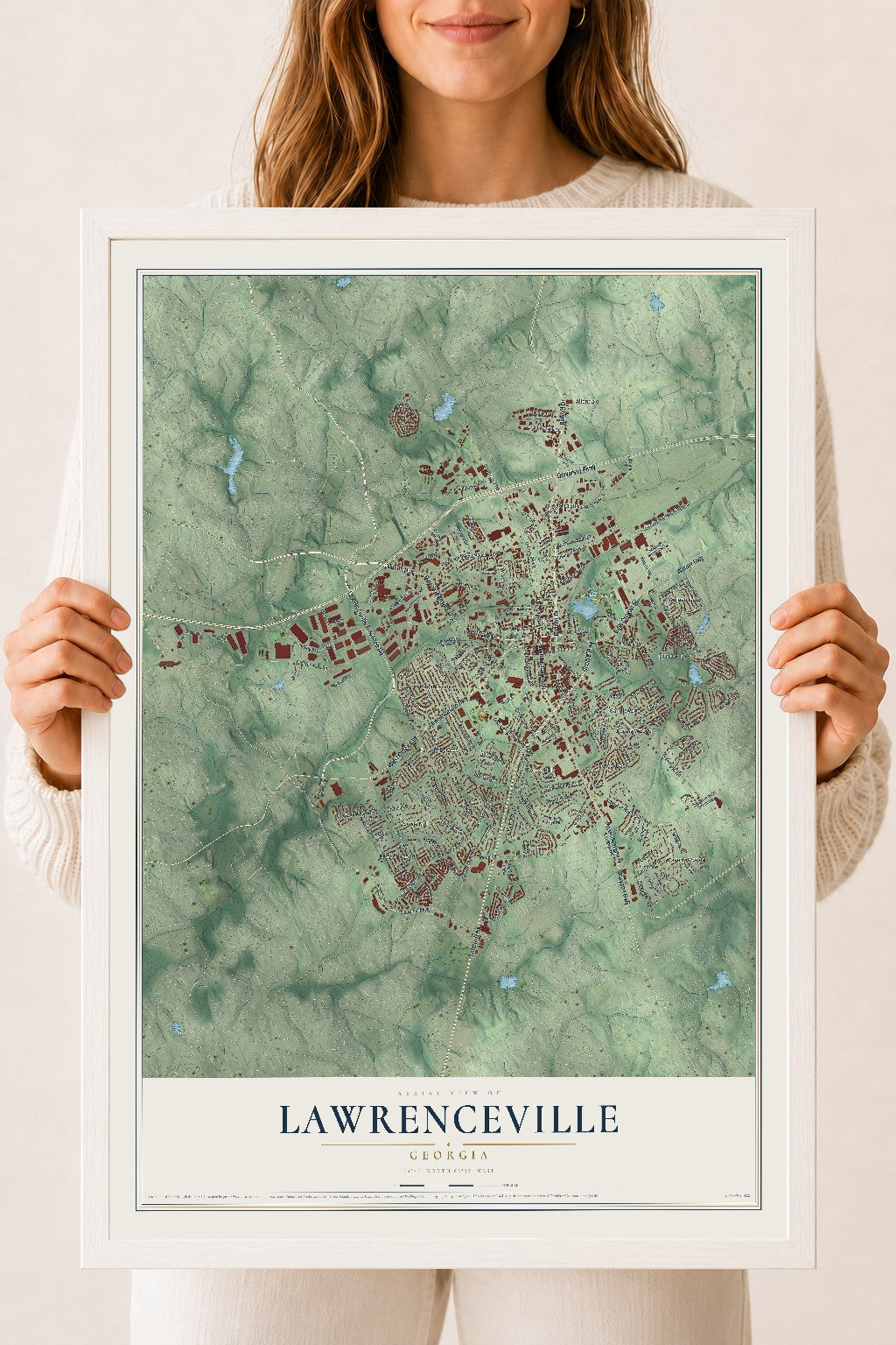 Lawrenceville, Georgia map print, 18" x 24" W/ White Ayous Wood Frame mockup