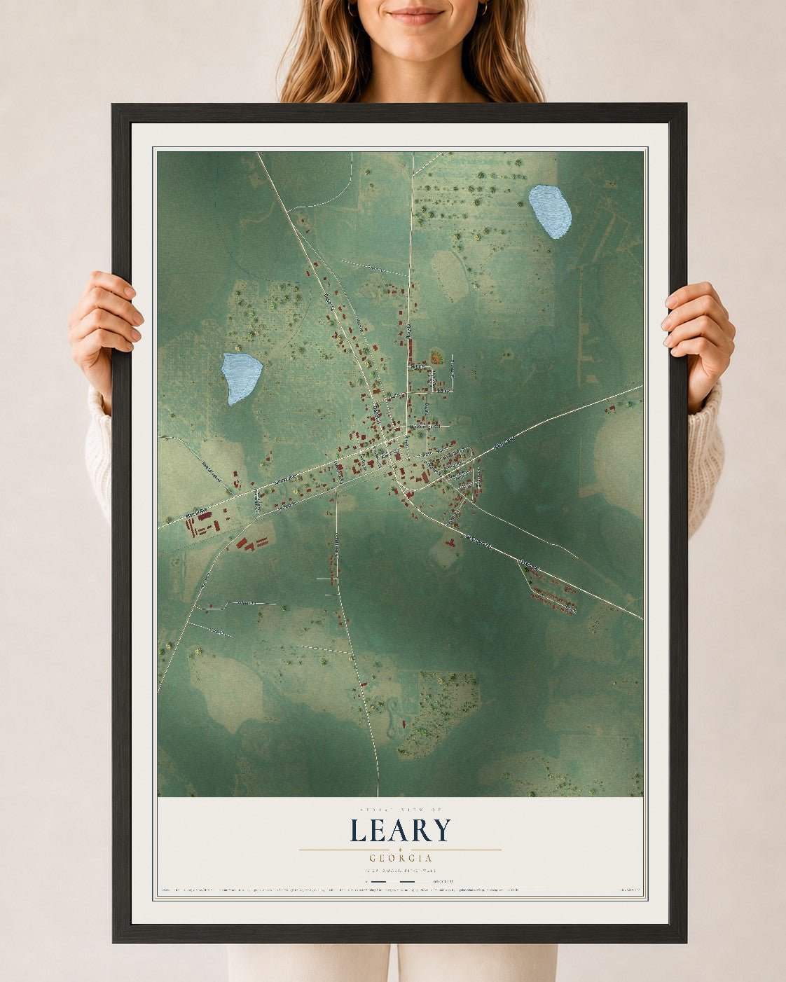 Leary, Georgia map print, 24" x 36" W/ Black Ayous Wood Frame mockup