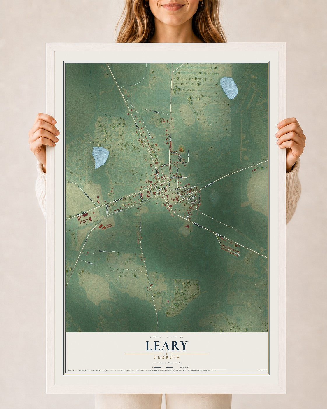 Leary, Georgia map print, 24" x 36" W/ White Ayous Wood Frame mockup