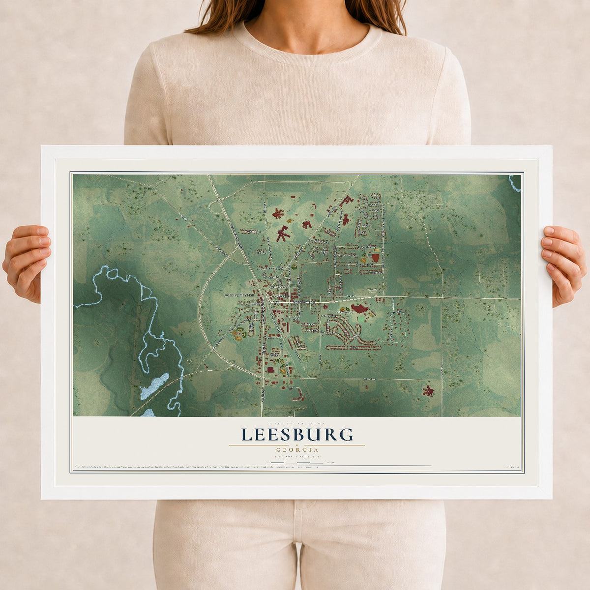 Leesburg, Georgia map print, 12" x 18" W/ White Ayous Wood Frame mockup
