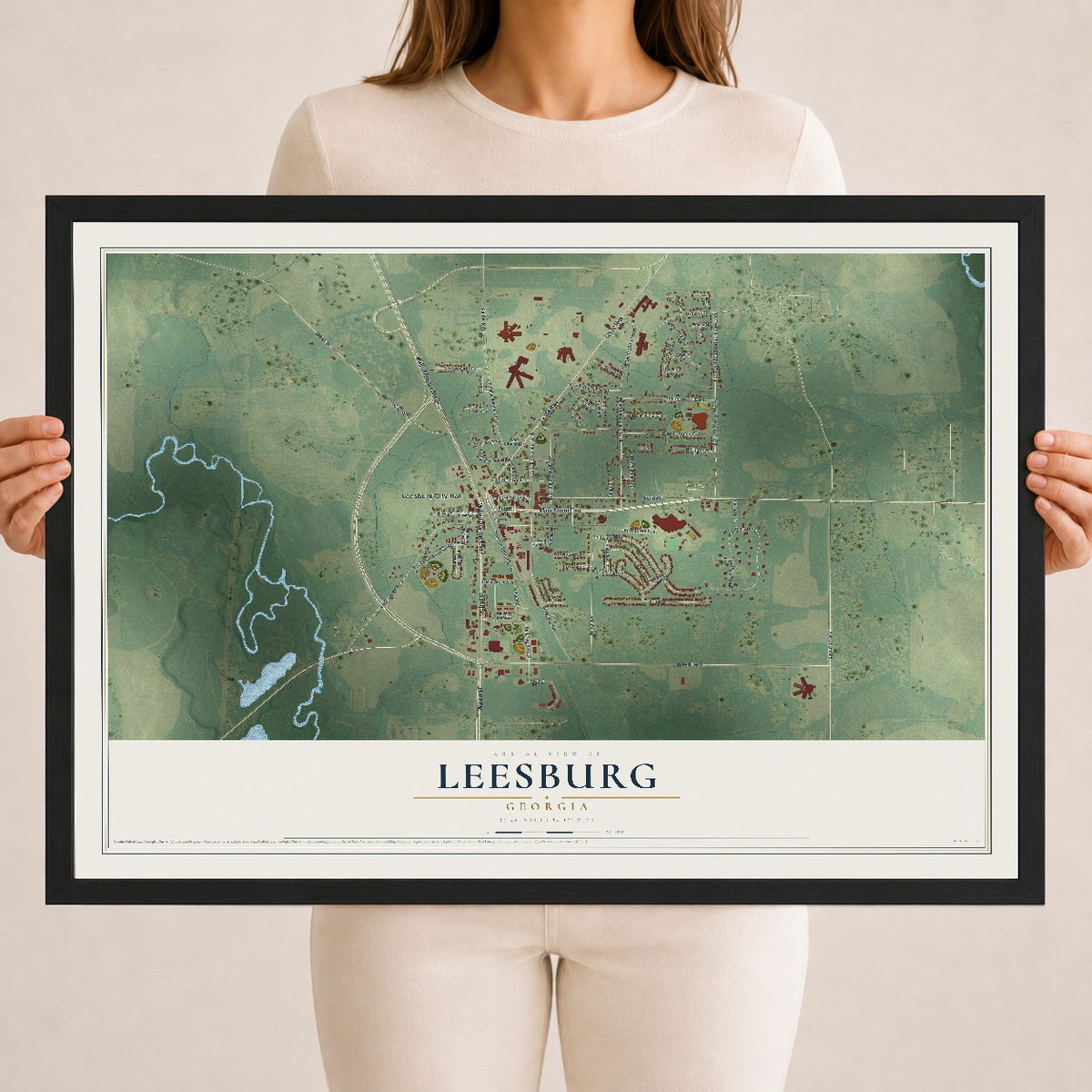 Leesburg, Georgia map print, 18" x 24" W/ Black Ayous Wood Frame mockup