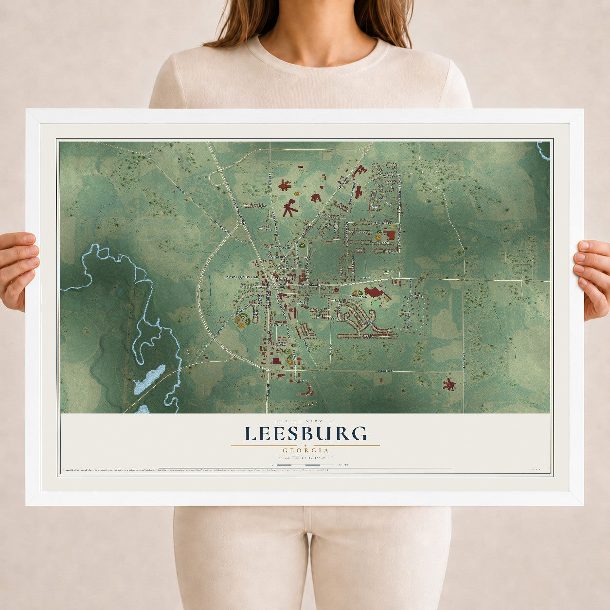 Leesburg, Georgia map print, 18" x 24" W/ White Ayous Wood Frame mockup
