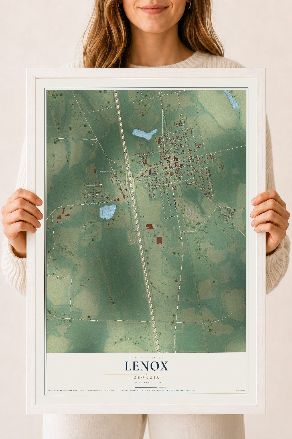 Lenox, Georgia map print, 18" x 24" W/ White Ayous Wood Frame mockup