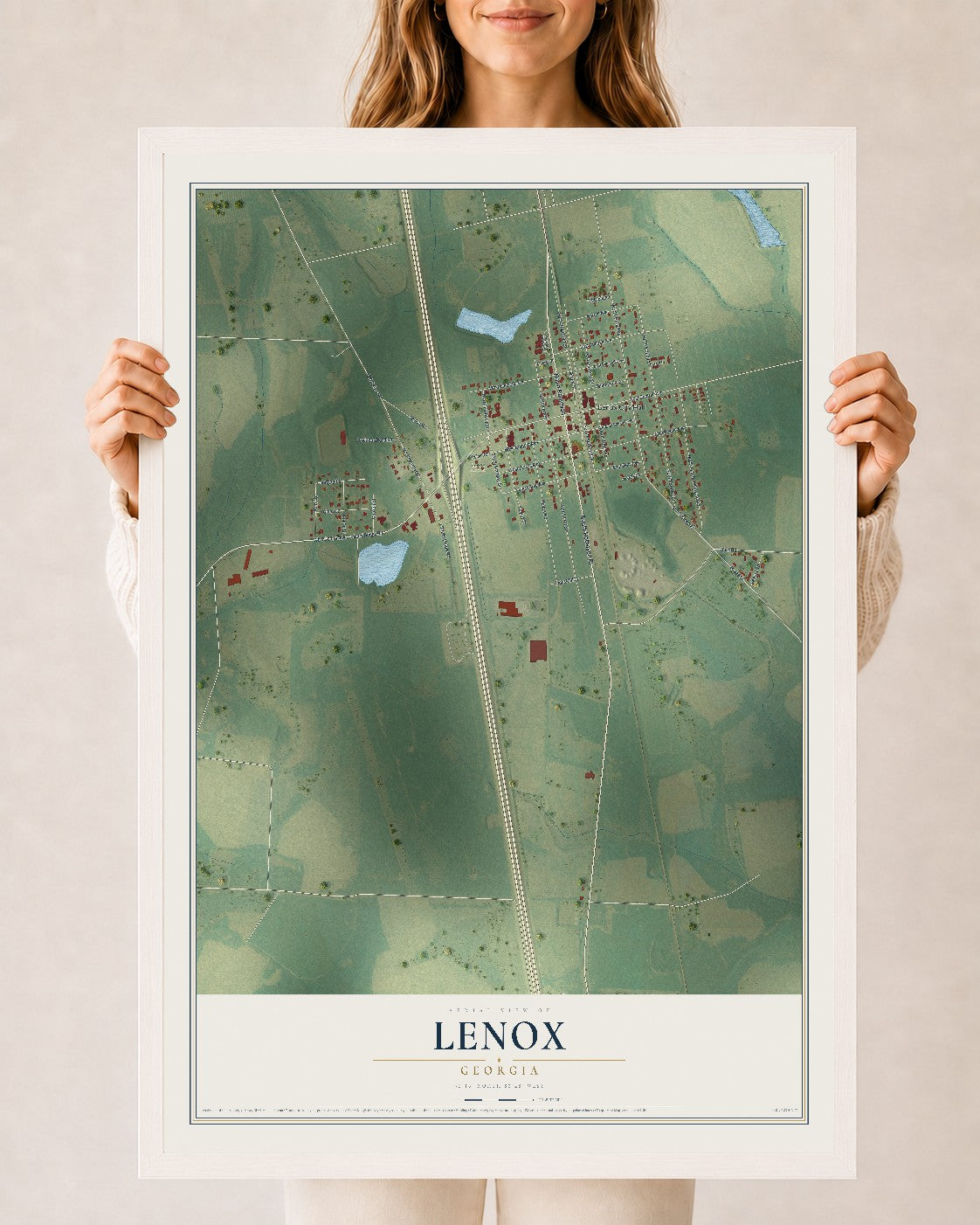 Lenox, Georgia map print, 24" x 36" W/ White Ayous Wood Frame mockup