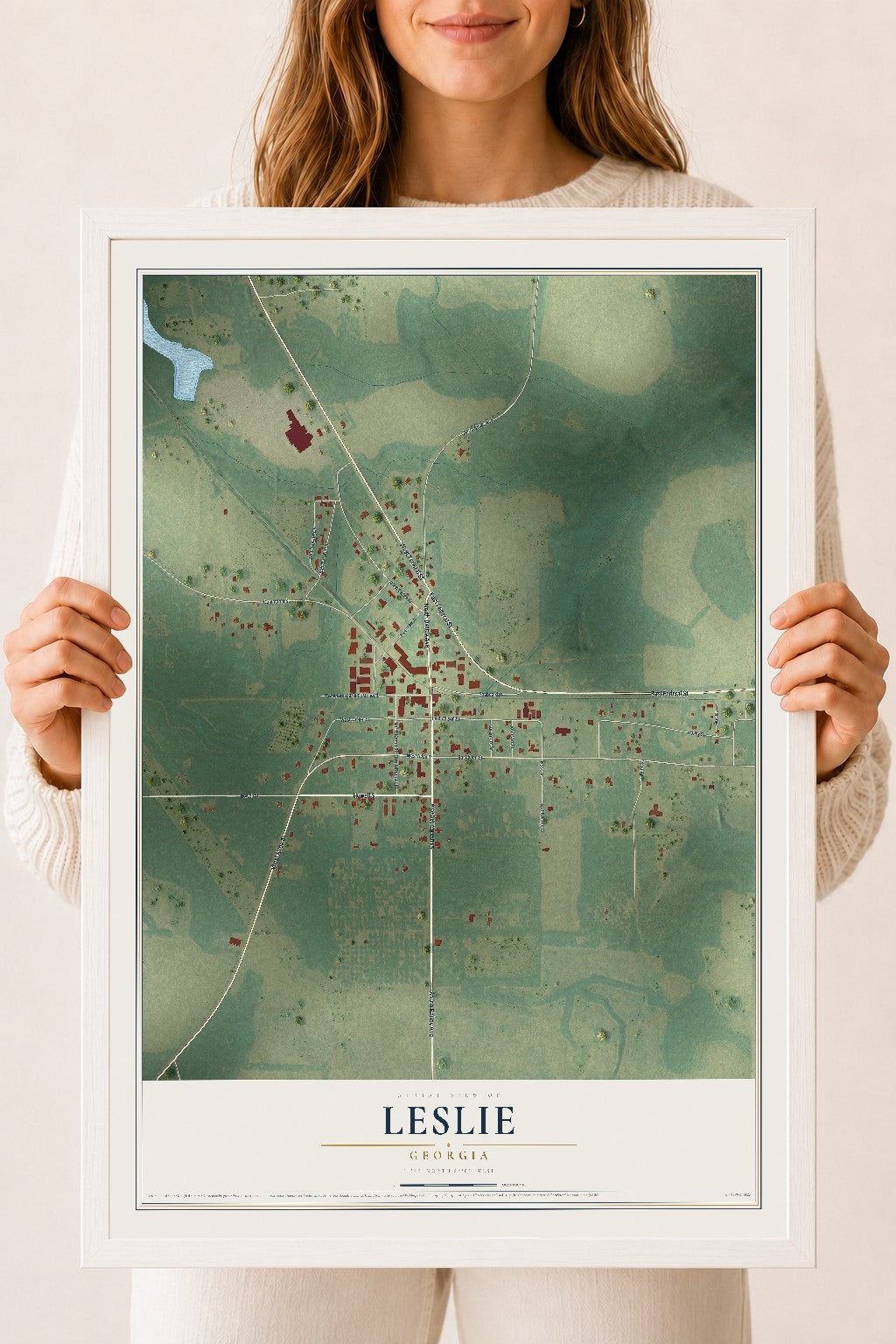 Leslie, Georgia map print, 18" x 24" W/ White Ayous Wood Frame mockup