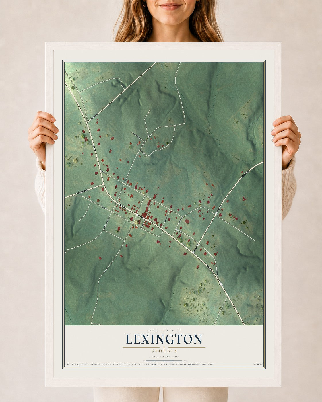 Lexington, Georgia map print, 24" x 36" W/ White Ayous Wood Frame mockup