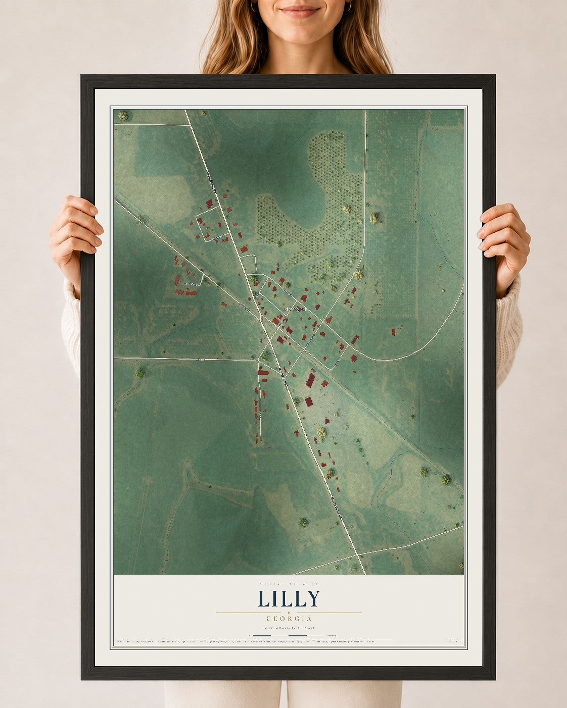 Lilly, Georgia map print, 24" x 36" W/ Black Ayous Wood Frame mockup