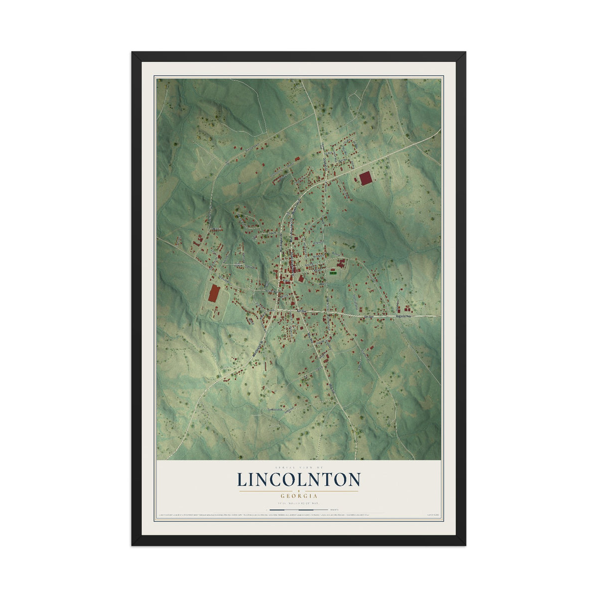 Lincolnton, Georgia map print, 12" x 18" W/ Black Ayous Wood Frame mockup