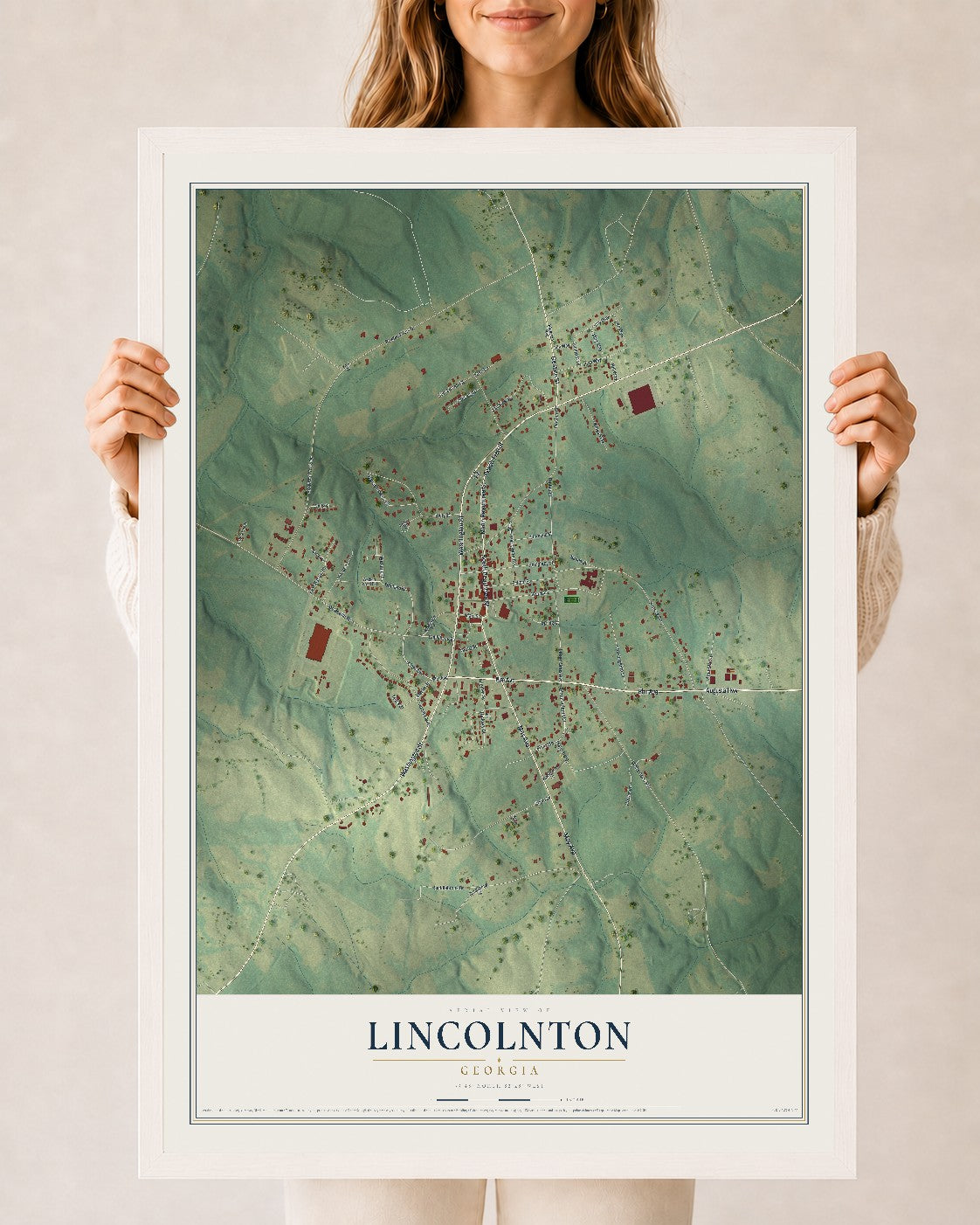 Lincolnton, Georgia map print, 24" x 36" W/ White Ayous Wood Frame mockup