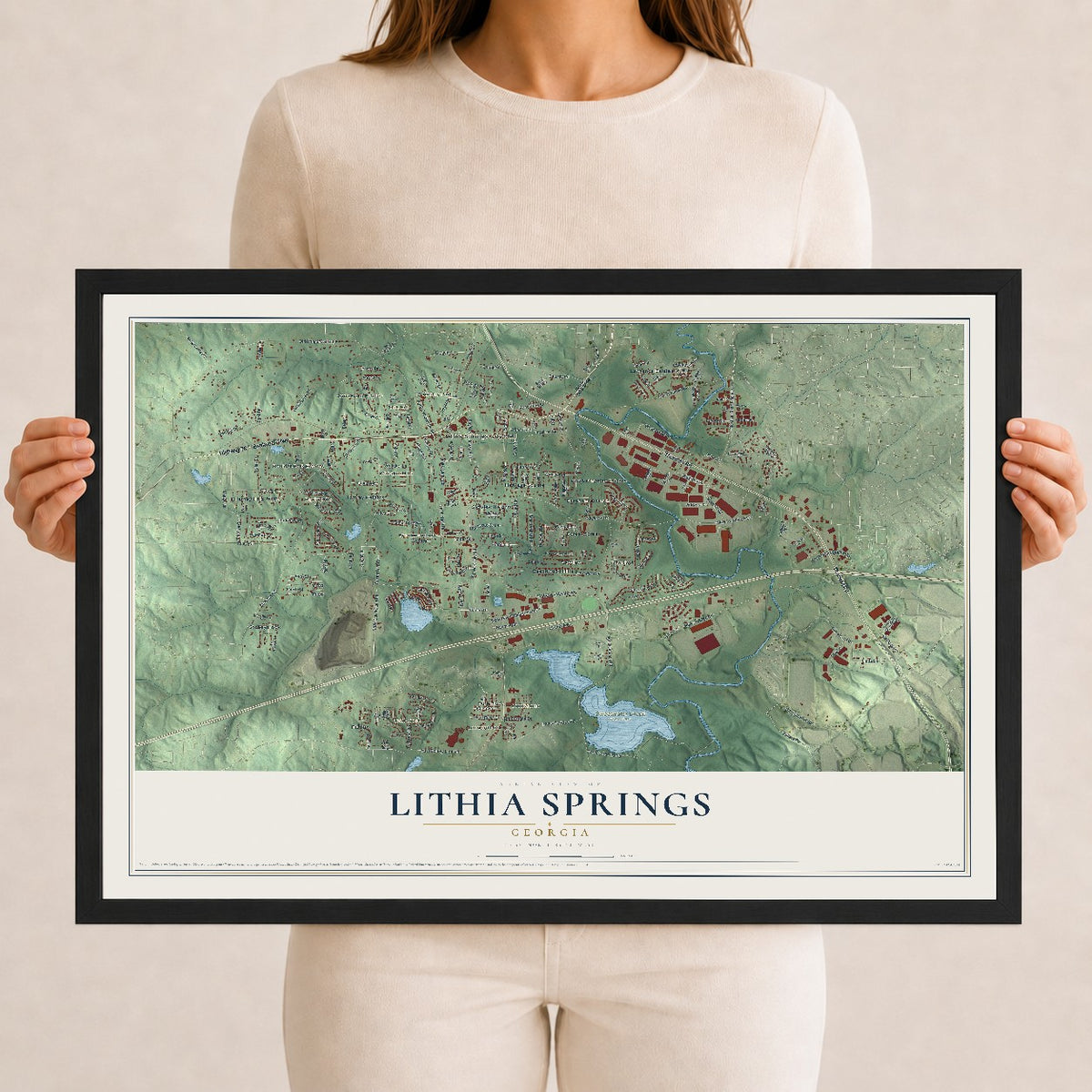 Lithia Springs, Georgia map print, 12" x 18" W/ Black Ayous Wood Frame mockup