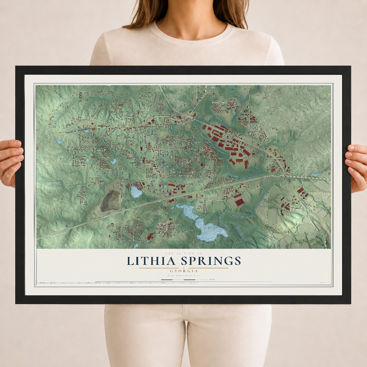 Lithia Springs, Georgia map print, 18" x 24" W/ Black Ayous Wood Frame mockup