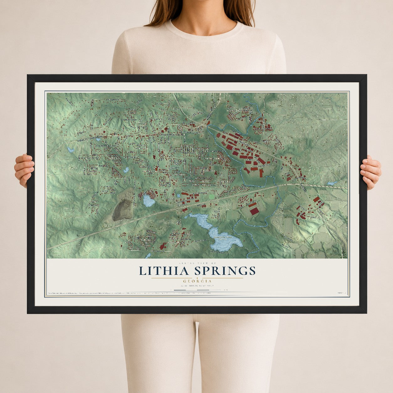 Lithia Springs, Georgia map print, 24" x 36" W/ Black Ayous Wood Frame mockup