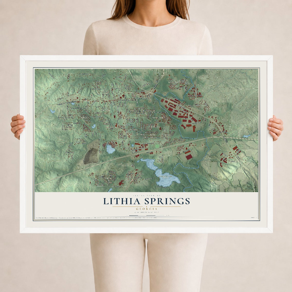 Lithia Springs, Georgia map print, 24" x 36" W/ White Ayous Wood Frame mockup