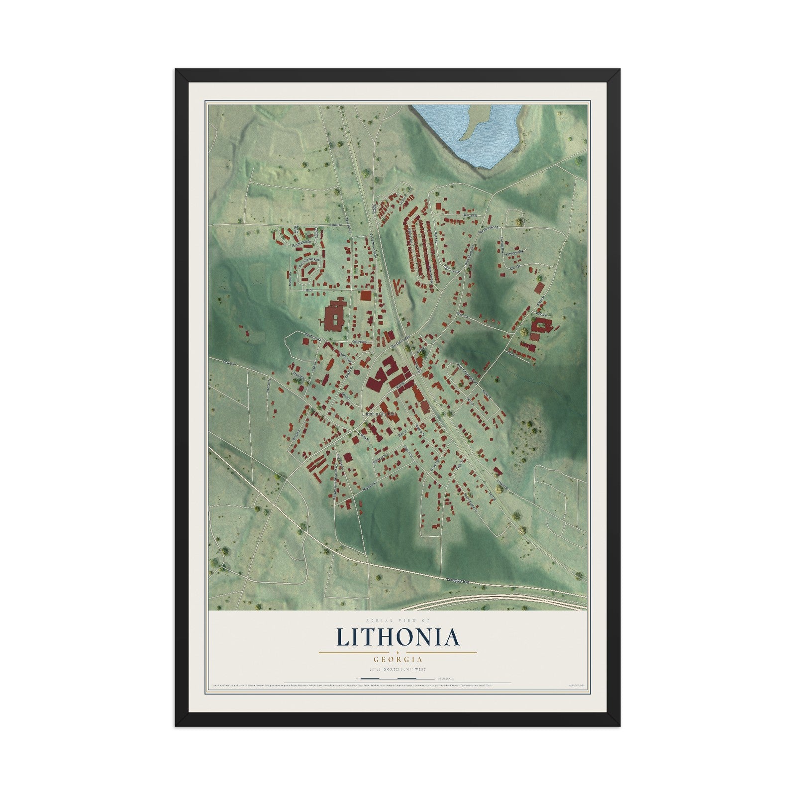Lithonia, Georgia map print, 12" x 18" W/ Black Ayous Wood Frame mockup
