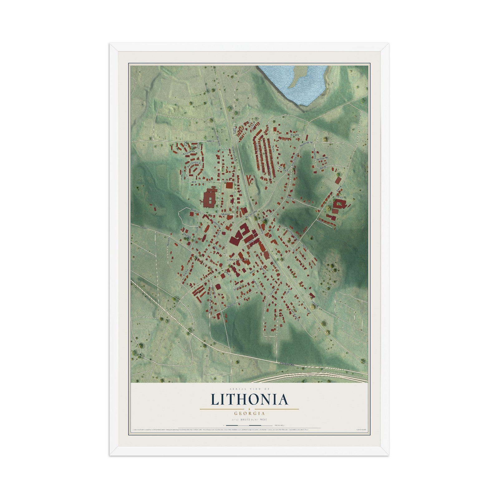 Lithonia, Georgia map print, 12" x 18" W/ White Ayous Wood Frame mockup