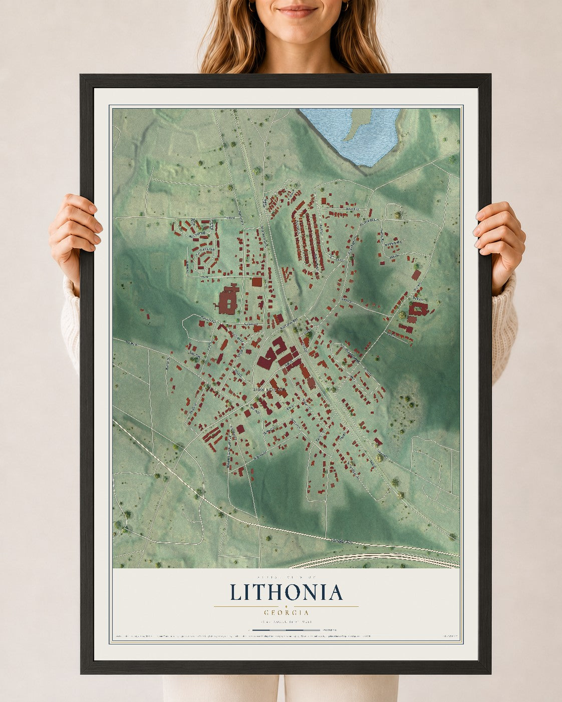 Lithonia, Georgia map print, 24" x 36" W/ Black Ayous Wood Frame mockup