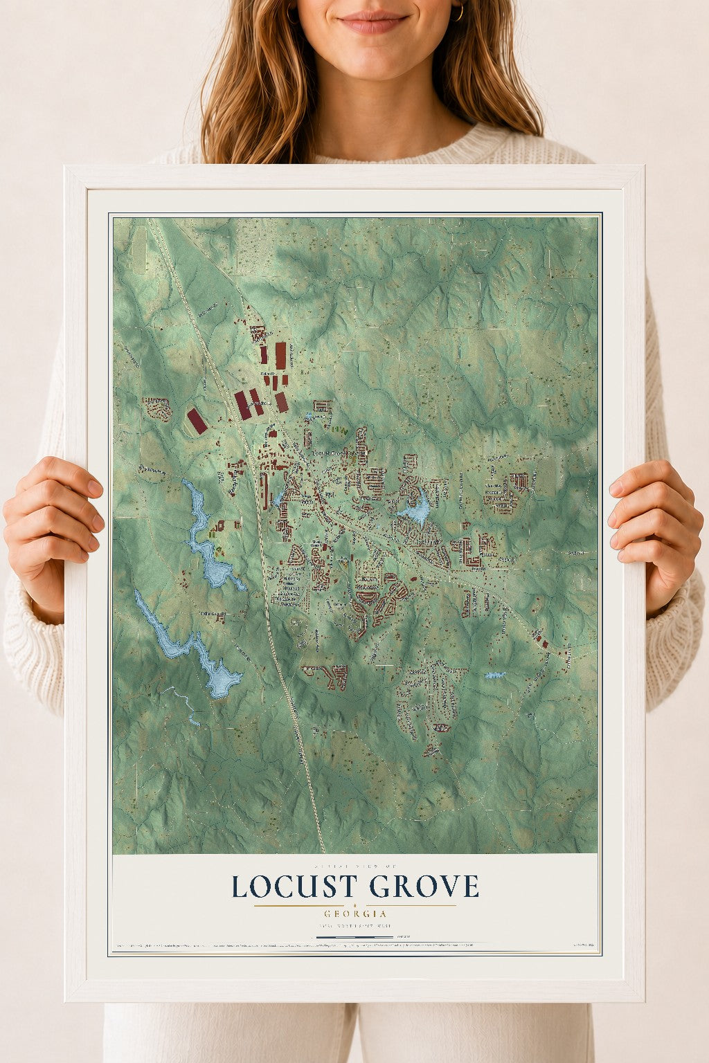 Locust Grove, Georgia map print, 18" x 24" W/ White Ayous Wood Frame mockup