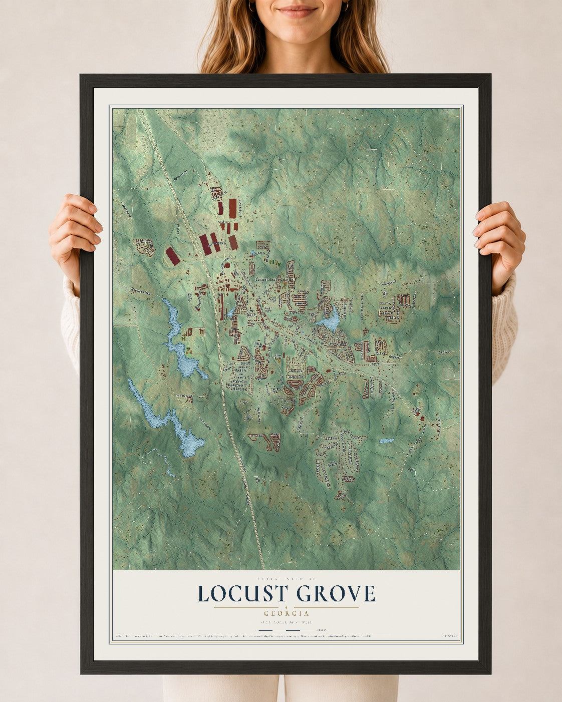 Locust Grove, Georgia map print, 24" x 36" W/ Black Ayous Wood Frame mockup