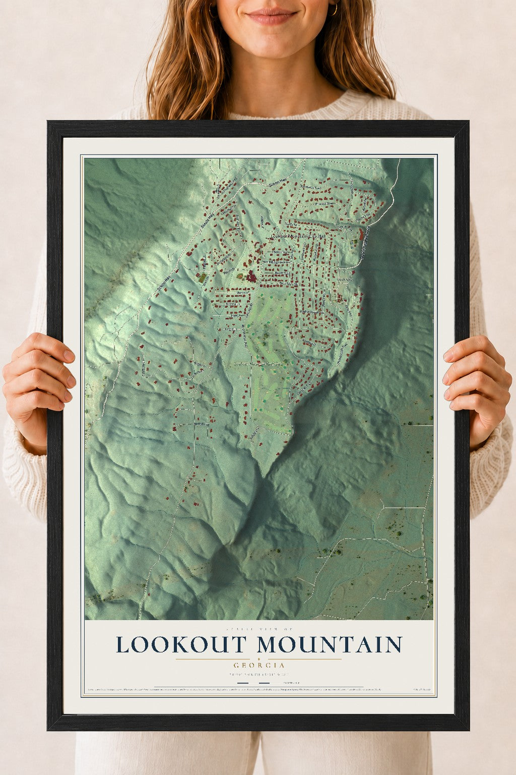 Lookout Mountain, Georgia map print, 18" x 24" W/ Black Ayous Wood Frame mockup