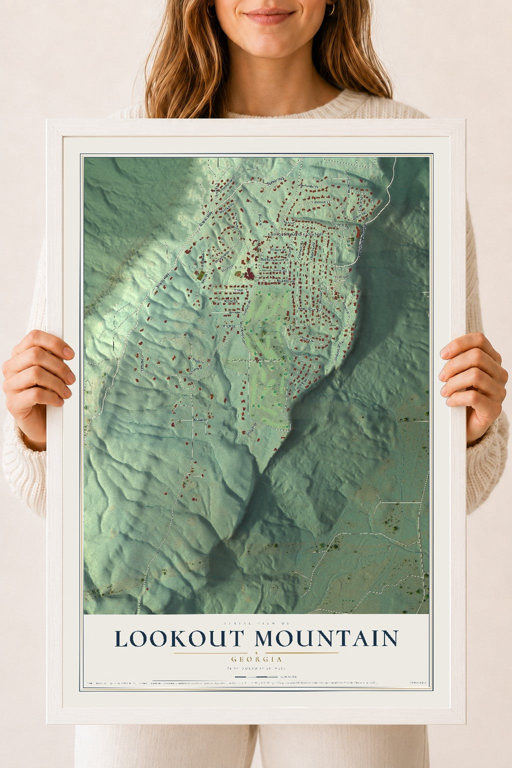 Lookout Mountain, Georgia map print, 18" x 24" W/ White Ayous Wood Frame mockup