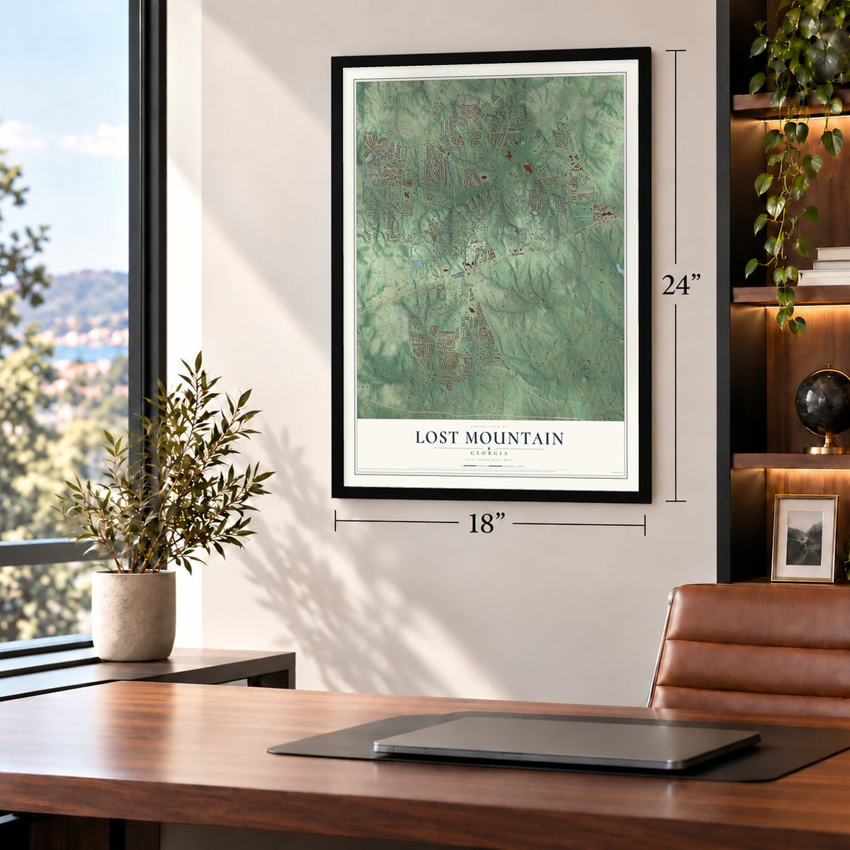 Lost Mountain, Georgia map, 18 x 24 inch print in a black frame in a home office
