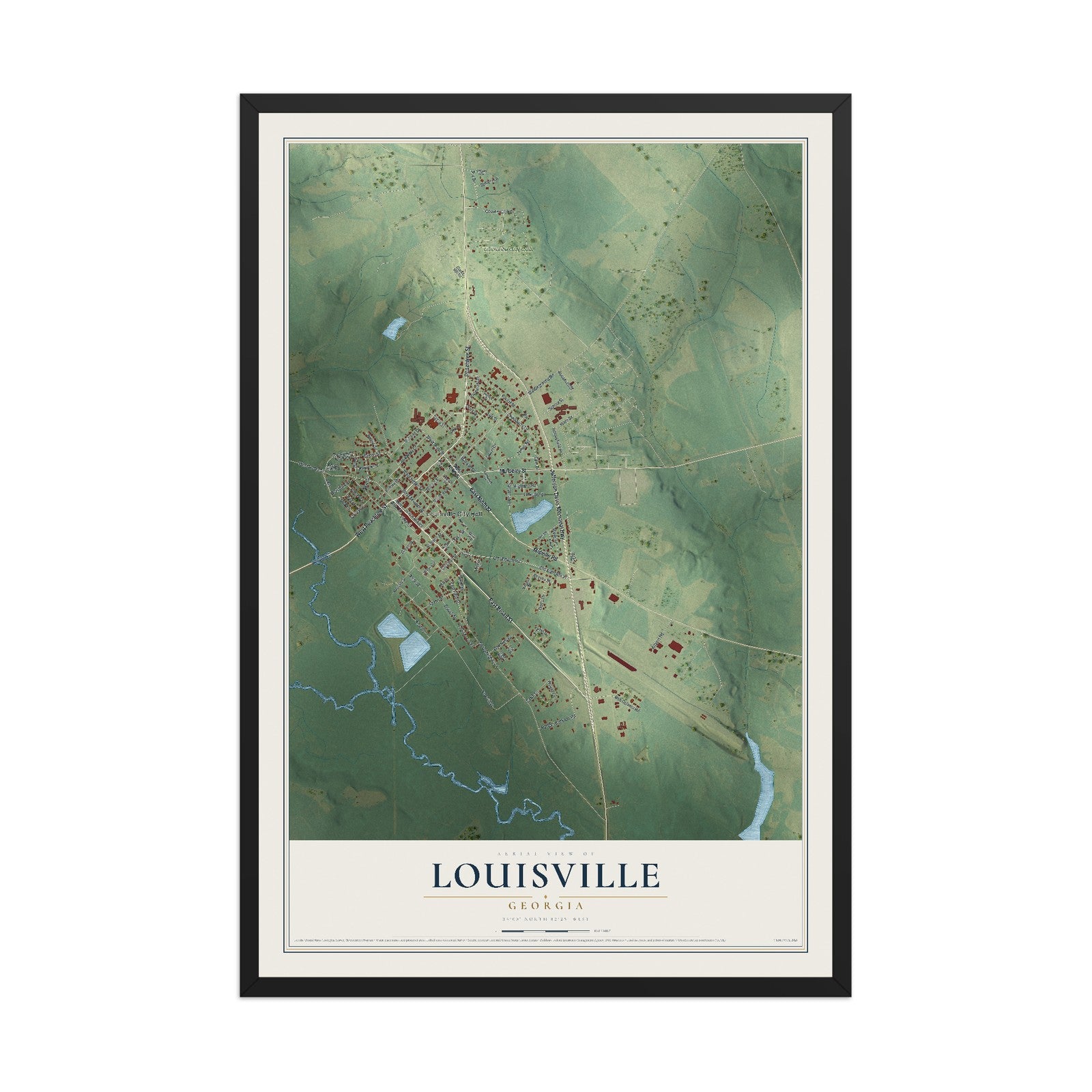 Louisville, Georgia map print, 12" x 18" W/ Black Ayous Wood Frame mockup