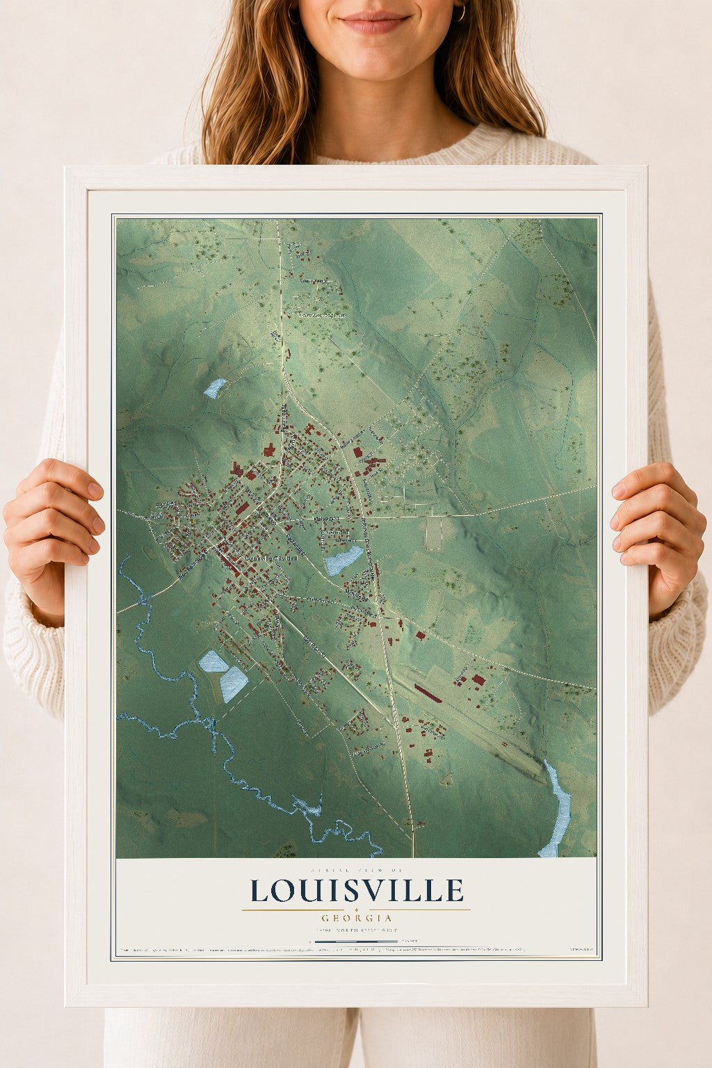 Louisville, Georgia map print, 18" x 24" W/ White Ayous Wood Frame mockup