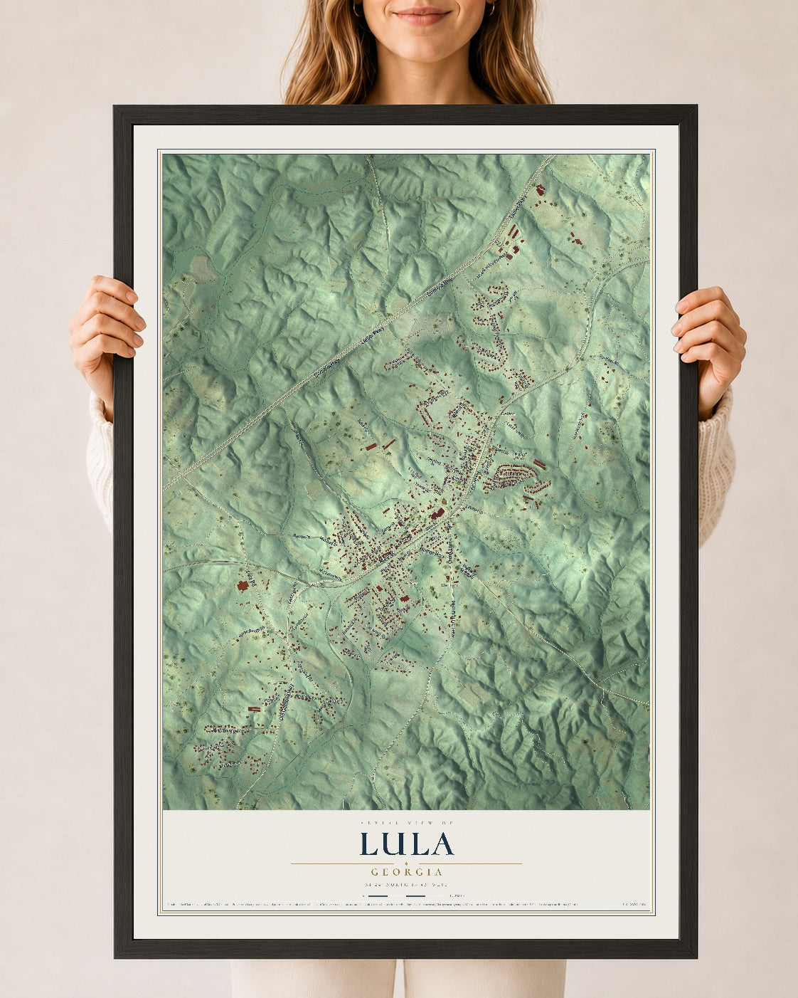 Lula, Georgia map print, 24" x 36" W/ Black Ayous Wood Frame mockup