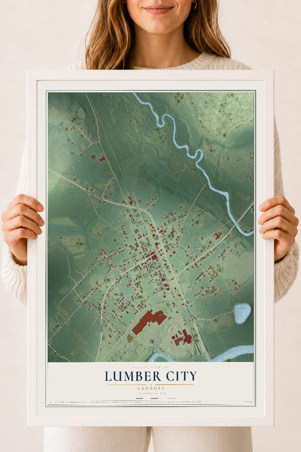 Lumber City, Georgia map print, 18" x 24" W/ White Ayous Wood Frame mockup