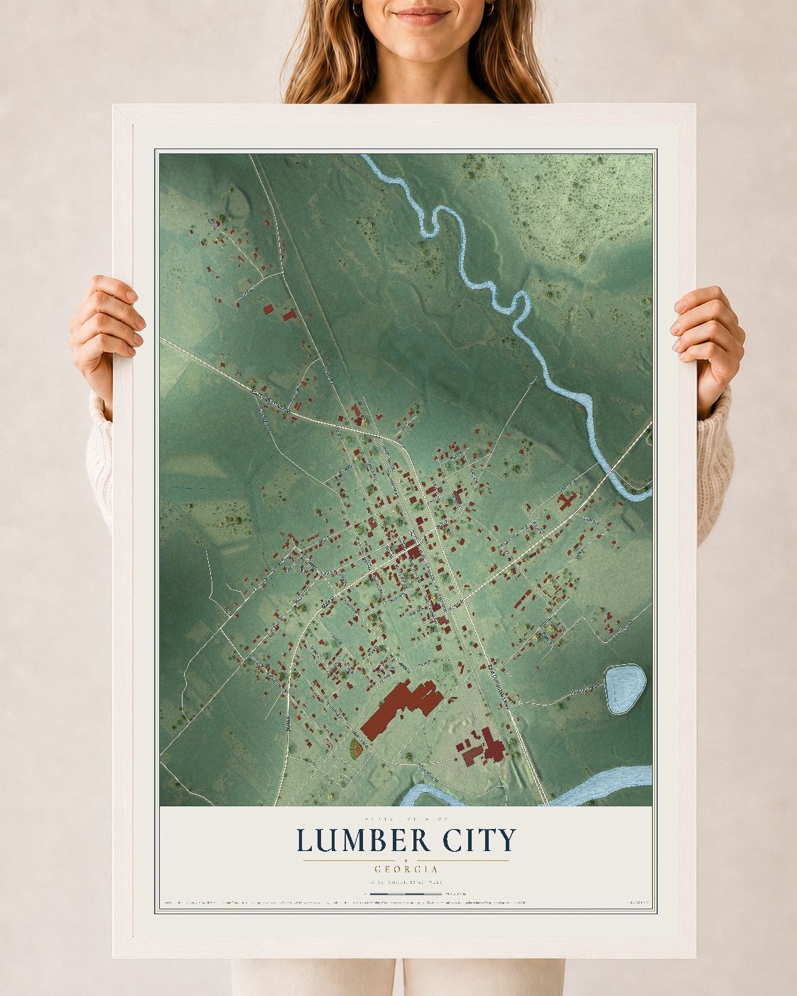 Lumber City, Georgia map print, 24" x 36" W/ White Ayous Wood Frame mockup