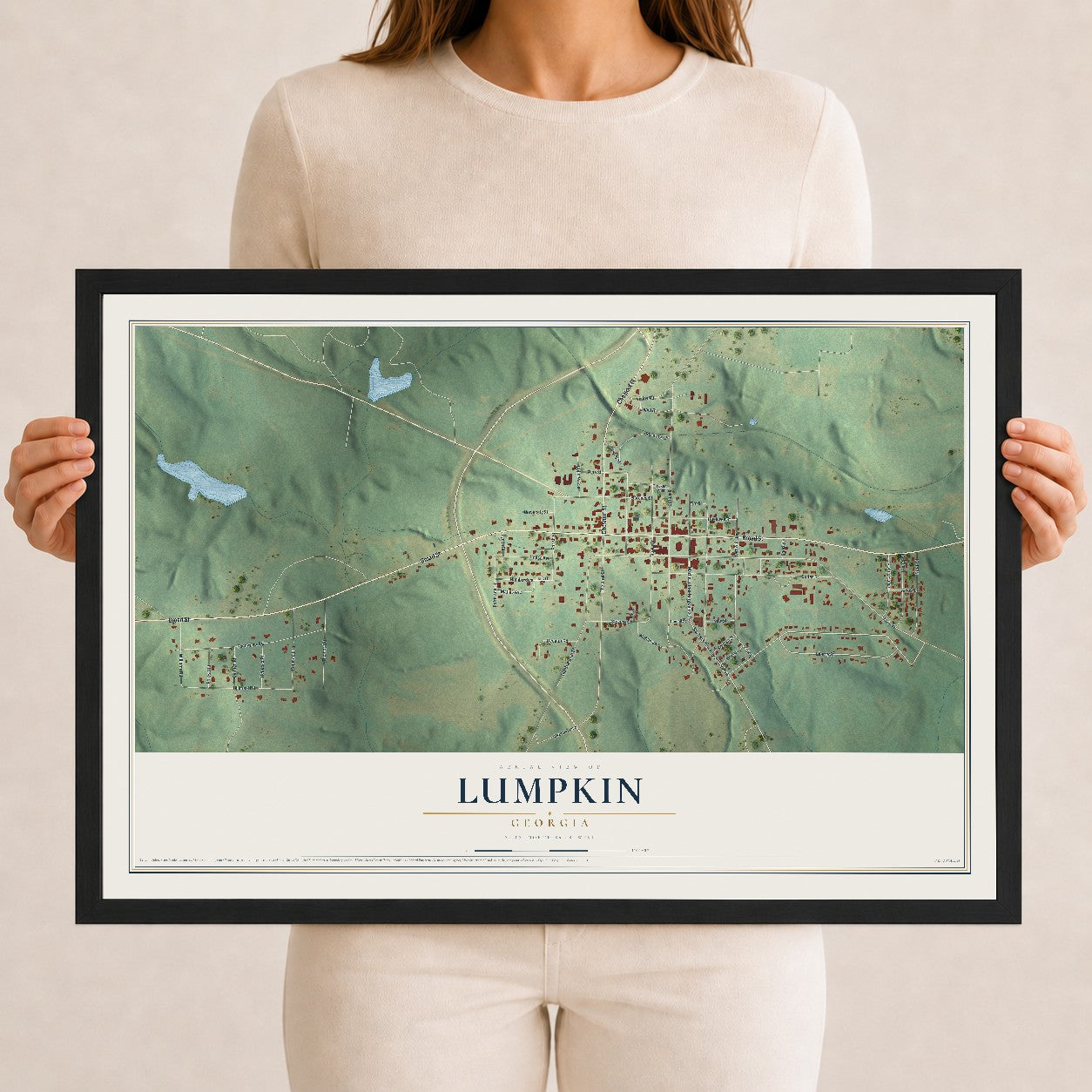 Lumpkin, Georgia map print, 12" x 18" W/ Black Ayous Wood Frame mockup