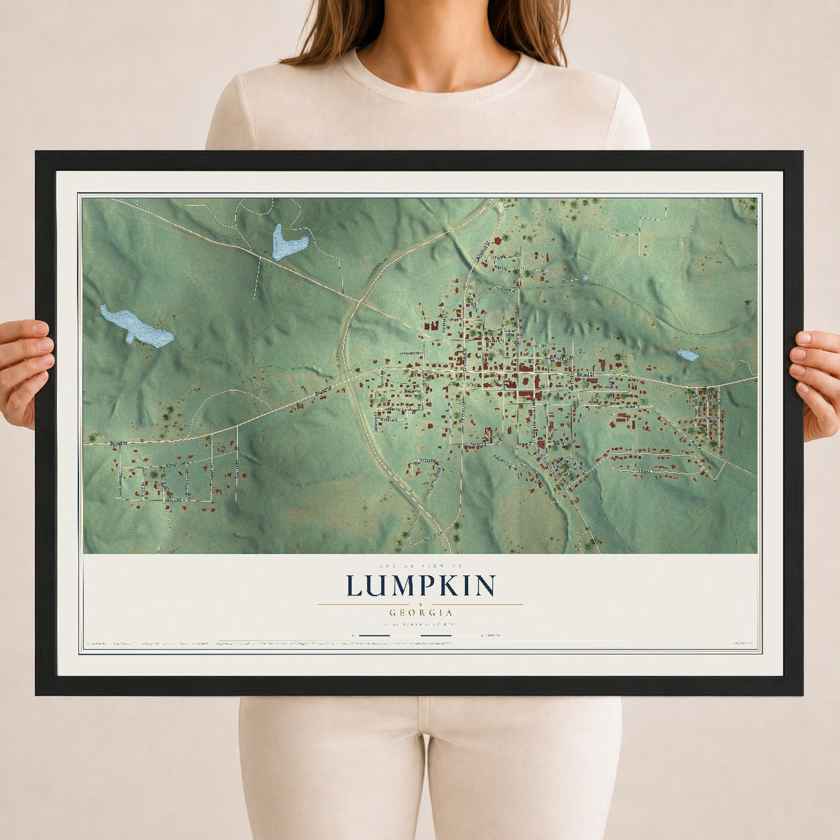 Lumpkin, Georgia map print, 18" x 24" W/ Black Ayous Wood Frame mockup