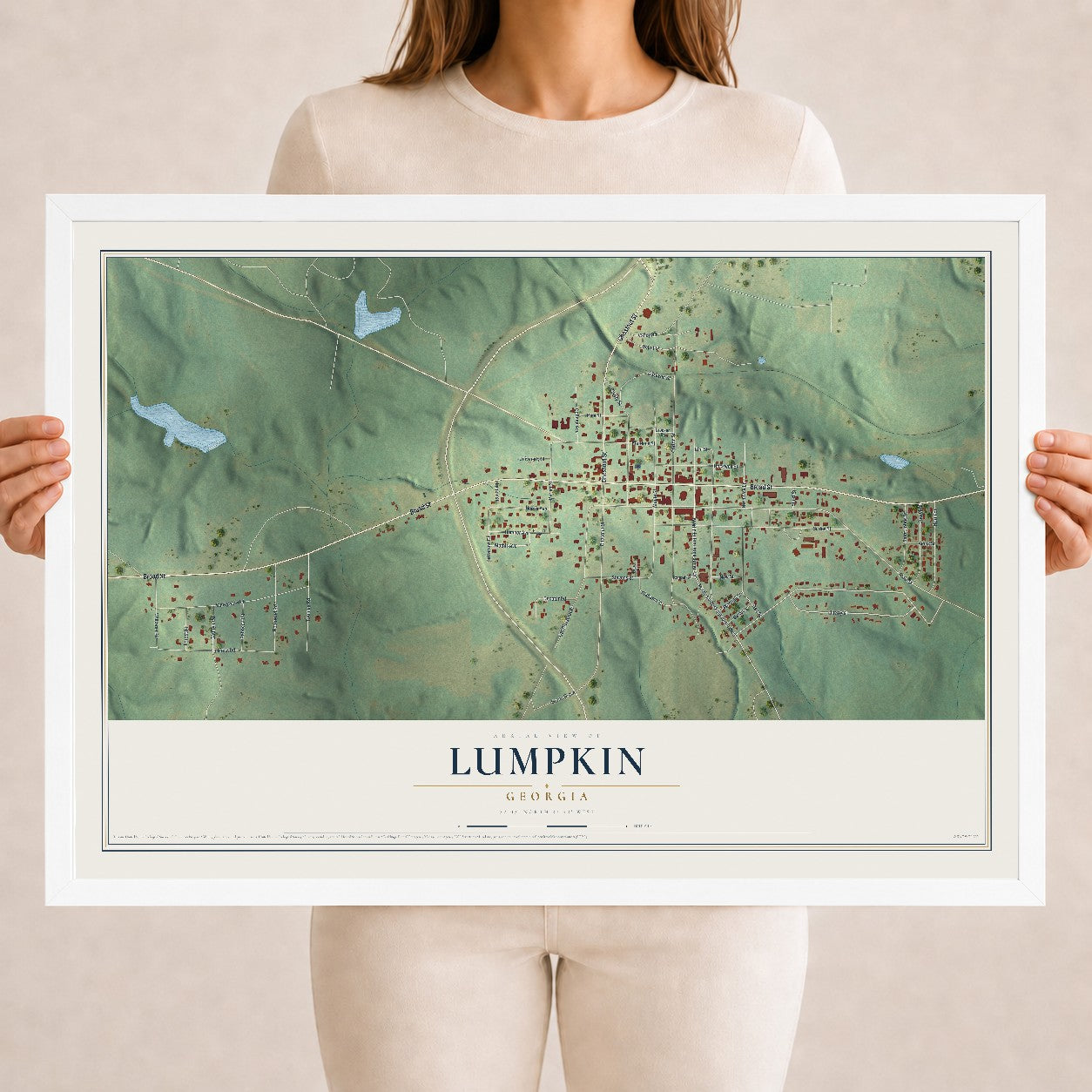 Lumpkin, Georgia map print, 18" x 24" W/ White Ayous Wood Frame mockup