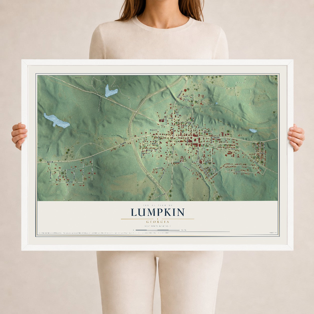Lumpkin, Georgia map print, 24" x 36" W/ White Ayous Wood Frame mockup