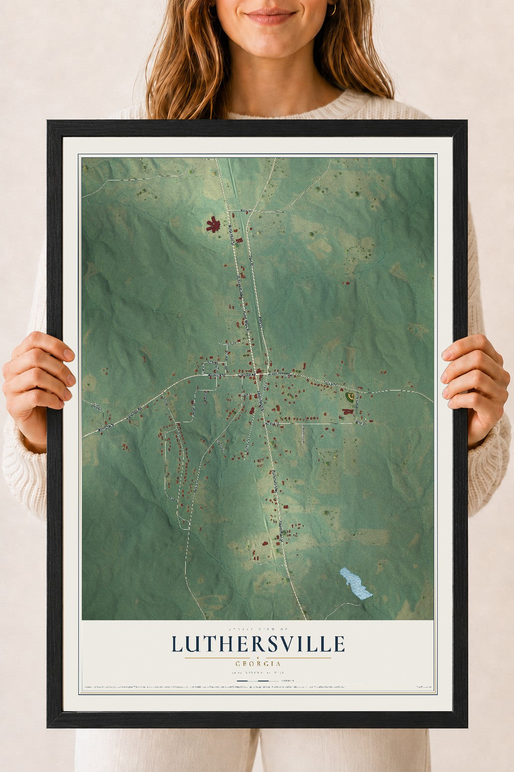 Luthersville, Georgia map print, 18" x 24" W/ Black Ayous Wood Frame mockup