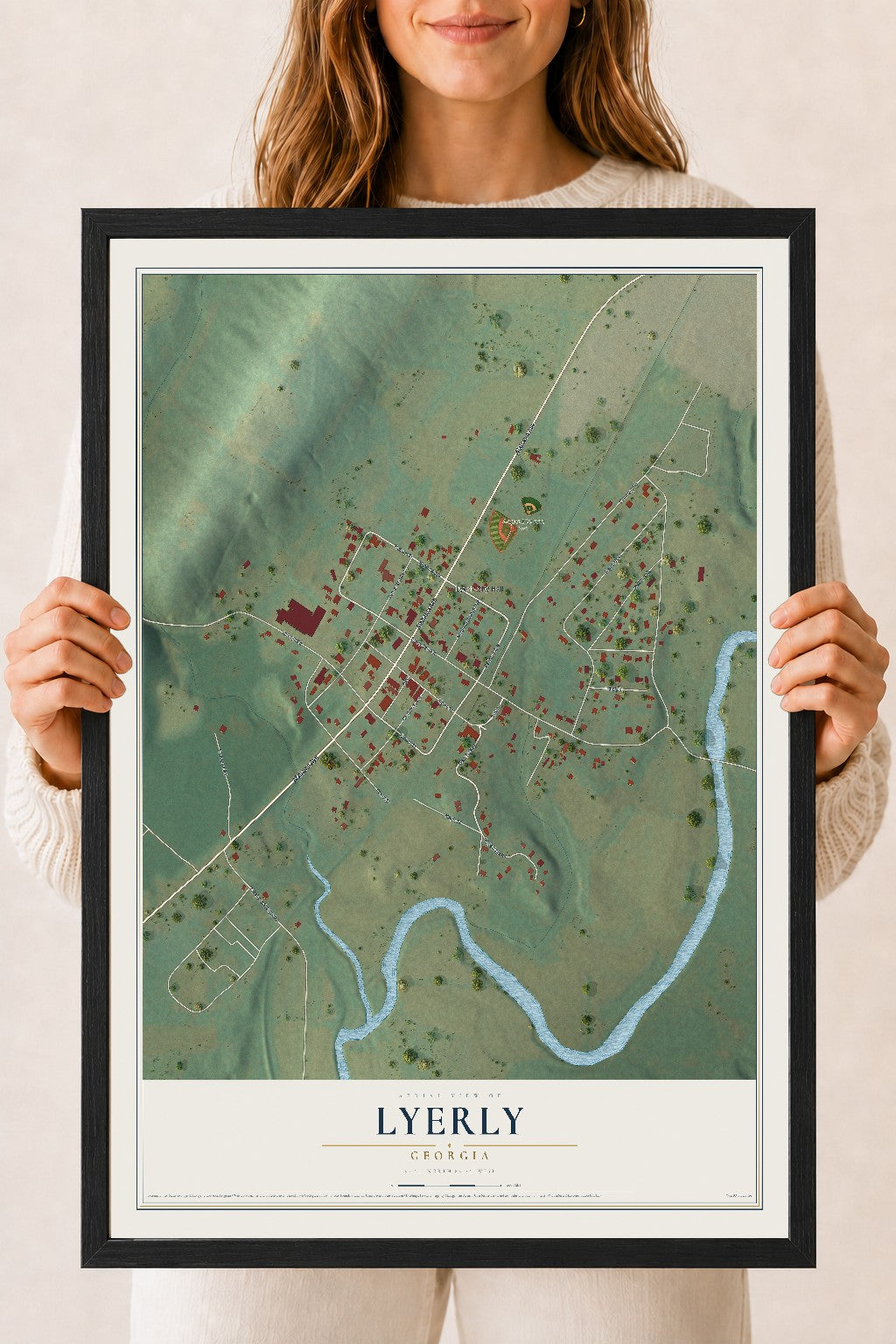 Lyerly, Georgia map print, 18" x 24" W/ Black Ayous Wood Frame mockup
