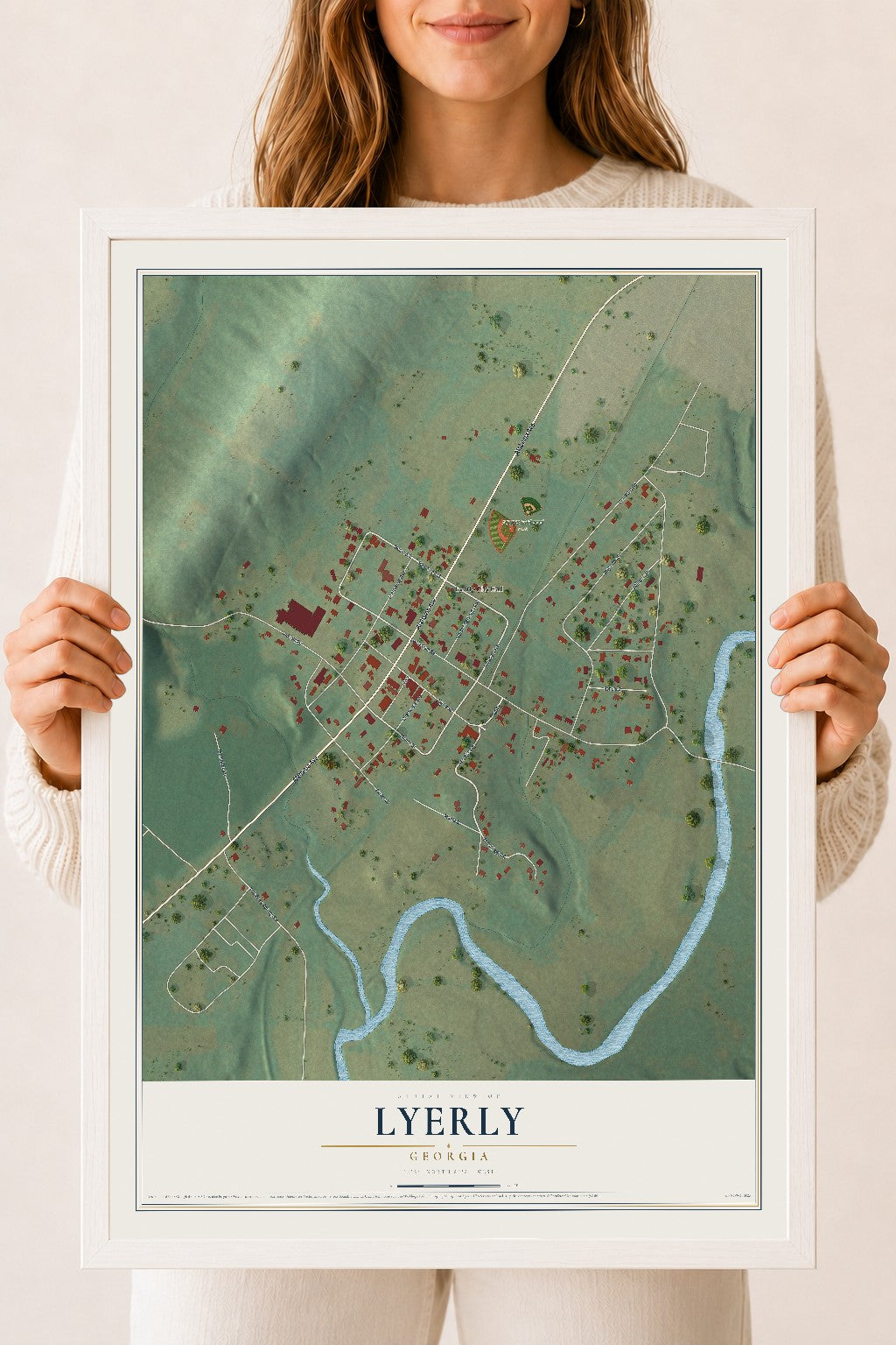 Lyerly, Georgia map print, 18" x 24" W/ White Ayous Wood Frame mockup