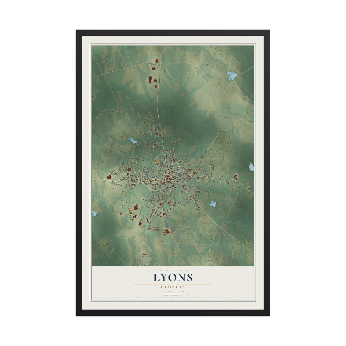 Lyons, Georgia map print, 12" x 18" W/ Black Ayous Wood Frame mockup