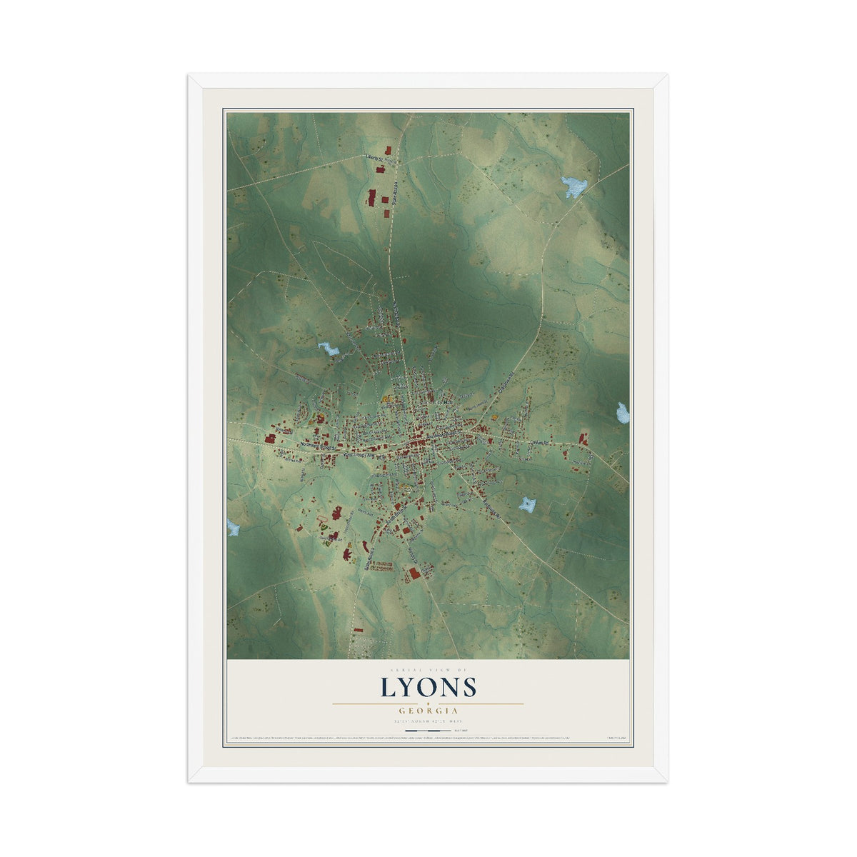 Lyons, Georgia map print, 12" x 18" W/ White Ayous Wood Frame mockup