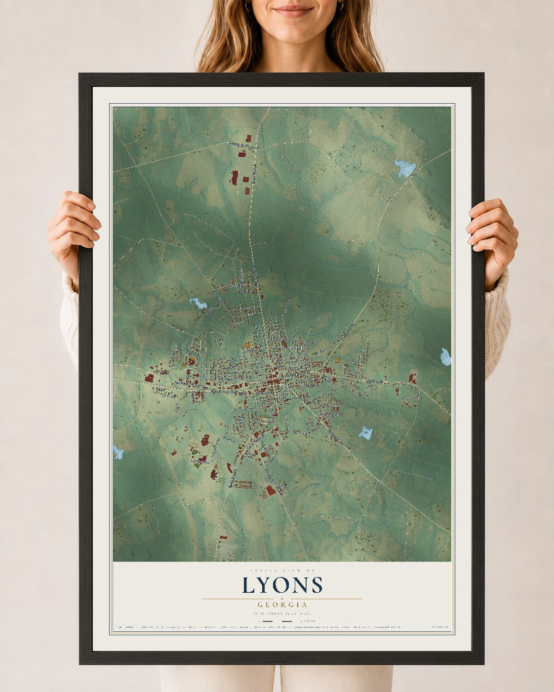 Lyons, Georgia map print, 24" x 36" W/ Black Ayous Wood Frame mockup