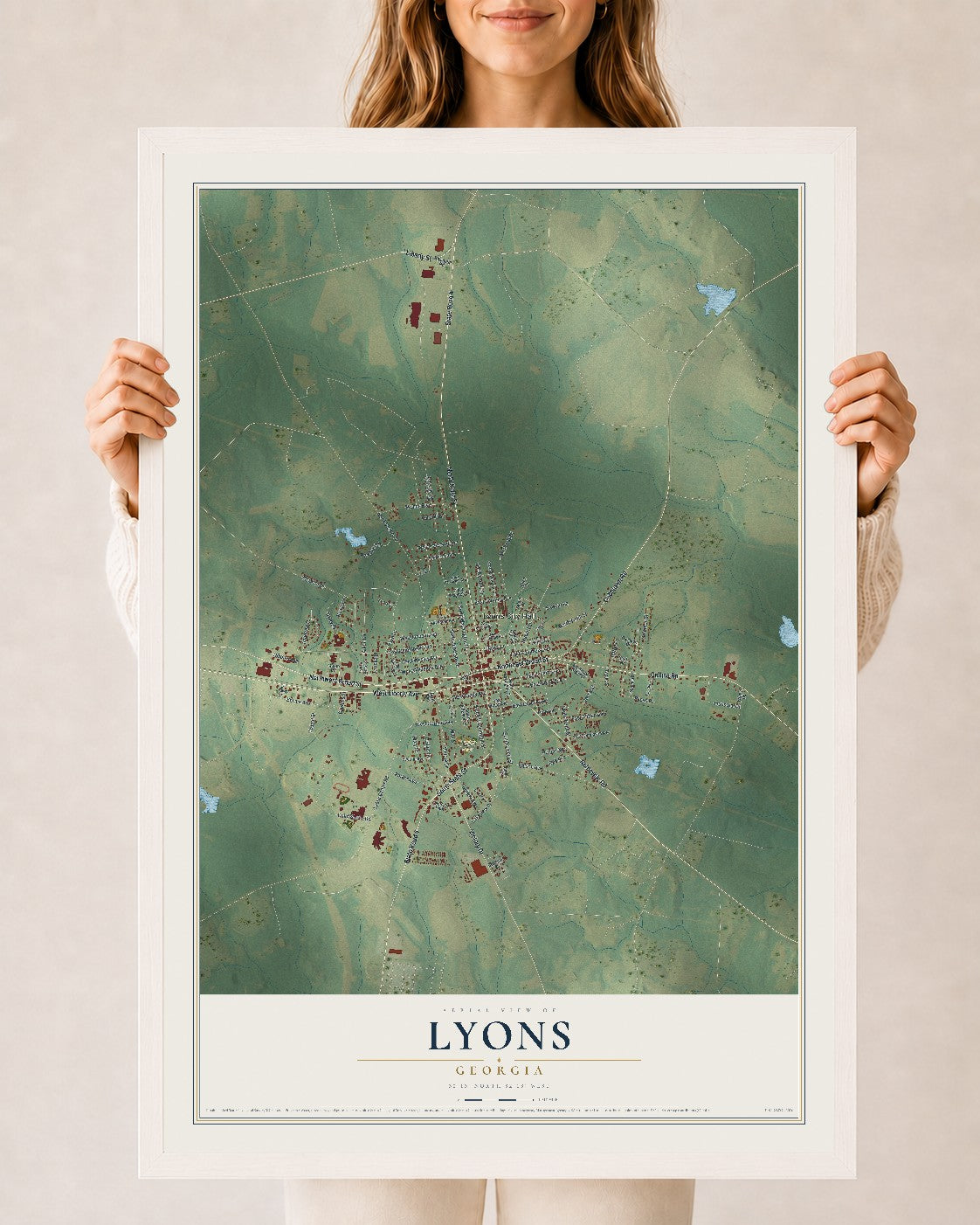 Lyons, Georgia map print, 24" x 36" W/ White Ayous Wood Frame mockup